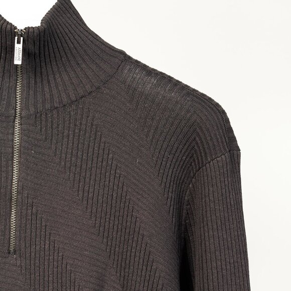 Armani Collezioni Brownish-Grey Ribbed Silk-Blend Knit 1/2-Zip Pullover - Picture 4 of 11